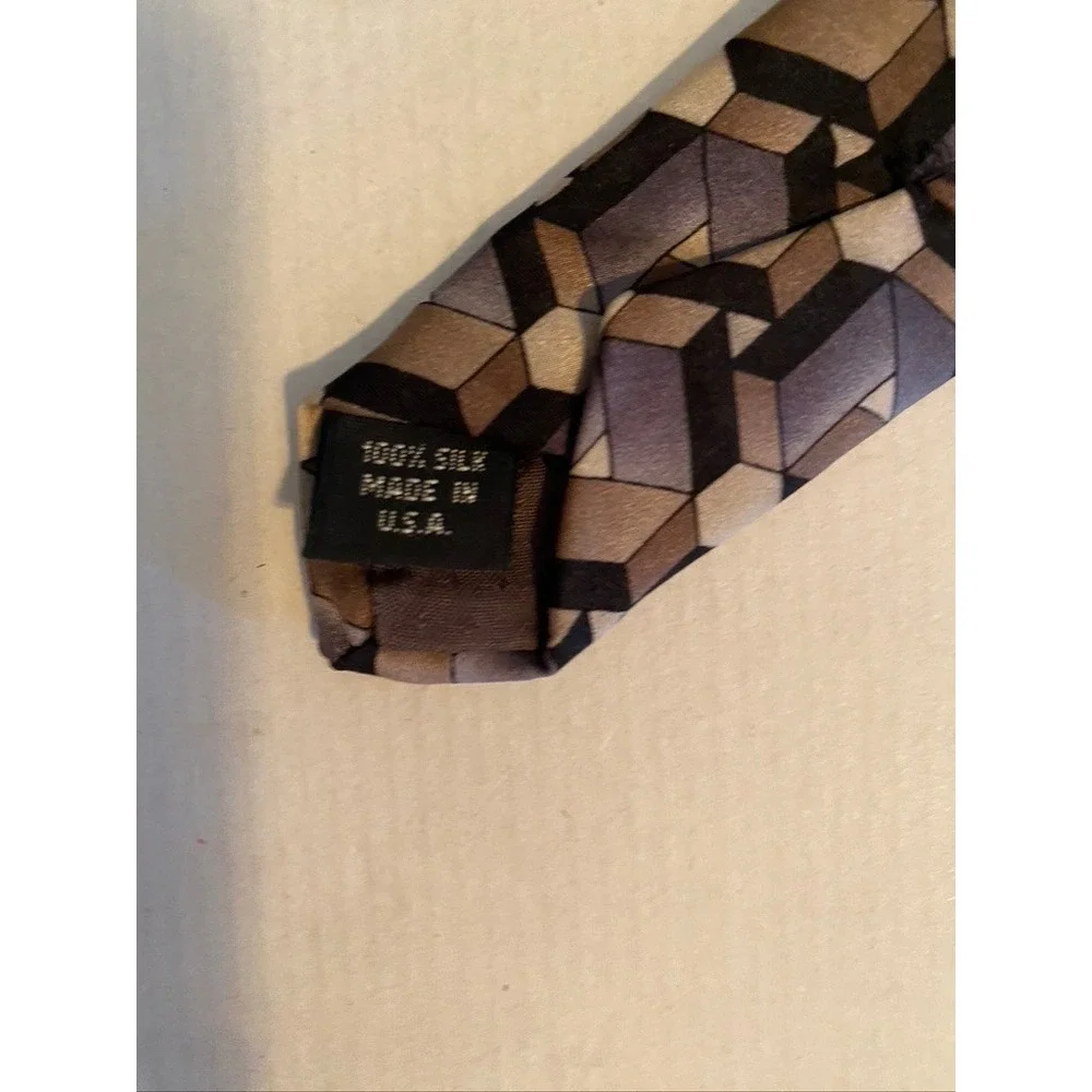Carlo Palazzi Couture Silk Tie Brown Grey Geometric 3D Cube Pattern Mens USA